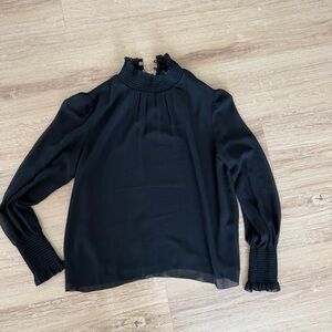 Wilfred (Aritzia) Black Smocked High-Neck Long Sleeve Blouse